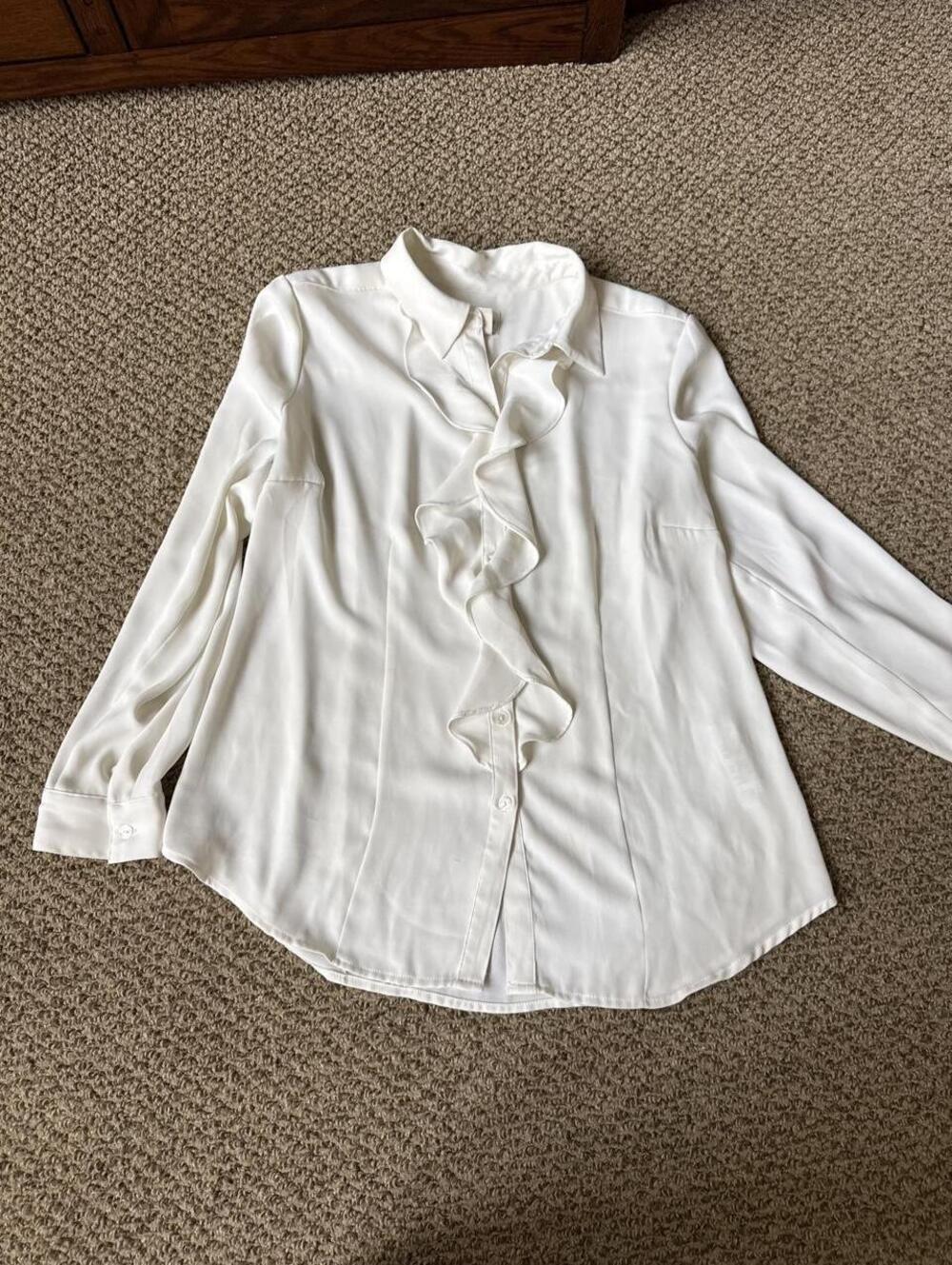 Chico's white ruffle blouse with button-up front and long sleeves